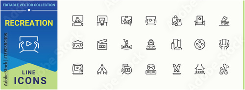 Recreation simple icon set. Containing travel, festival, vacation, celebration, party and more. Entertainment line icon. Expanded stroke icons. Vector artwork and illustration.