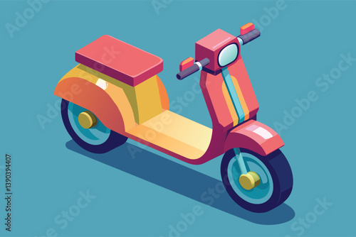 An illustration of a red and yellow scooter in an isometric view on a blue background.