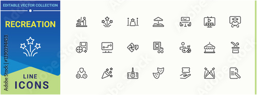 Recreation simple icon set. Containing travel, festival, vacation, celebration, party and more. Entertainment line icon. Expanded stroke icons. Vector artwork and illustration.