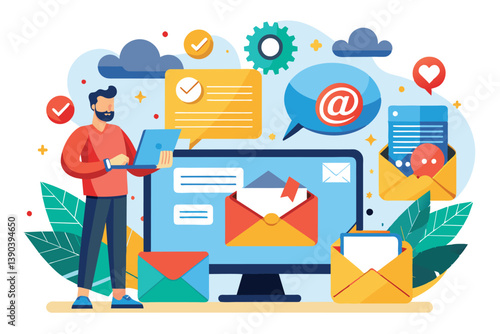 Illustration of a man using a laptop to send and receive email messages. The image also depicts various email icons, including envelopes and a speech bubble with an at symbol.