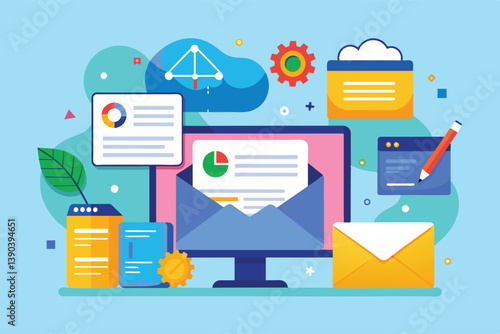 Illustration depicting a computer screen showing an email with a pie chart and a business strategy for growth.