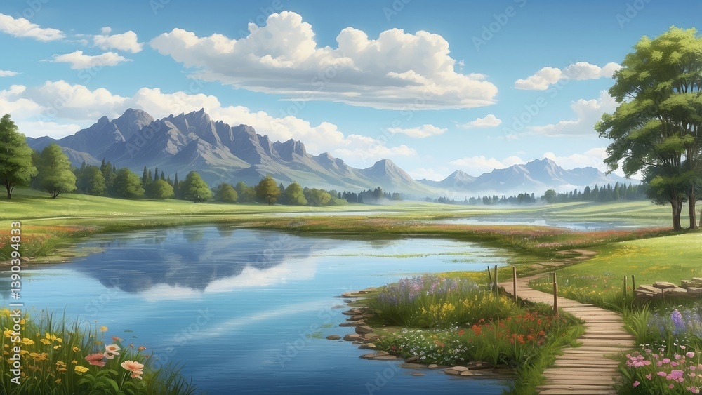 Illustration of a serene countryside landscape featuring a clear pond in the foreground Illustration of a serene countryside landscape featuring a clear pond in the foreground