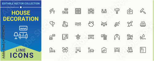 House Decoration linear icon. It contains symbols to furniture, art, home, decor, art and design, architecture and more. Decoration icon. Thin outline icons pack. Editable vector art.