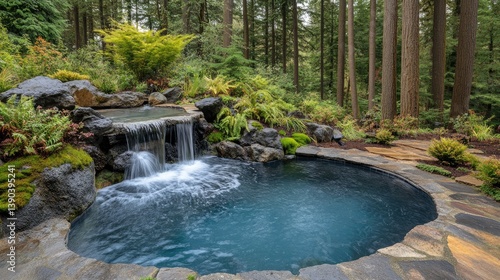 Serene Backyard Oasis with Circular Pool, Tranquil Waterfall, Lush Greenery, and Natural Stone Features in Forest Setting