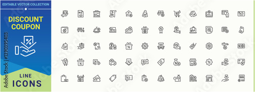 Discount Coupon simple icon set. It contains symbols to shopping, payment, commerce, business, gift, coupon. Discount vector line icon set. Icons for UI designs. Editable stroke. Vector collection.