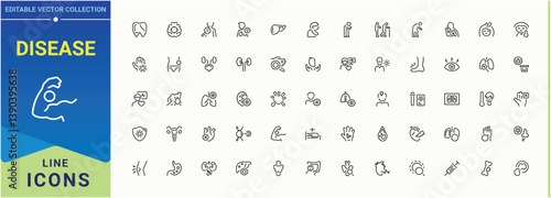 Disease line icon set. Featuring infection, flu, pain, illness, health care and more. Icons for website. Allergy linear icon. Editable vector illustration.