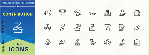 Contribution modern icon. Includes symbols for support, charity, help, foundation, cooperation and more. Donation modern icon set. Trendy minimal icons. Editable stroke. Vector collection.
