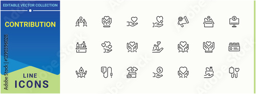 Contribution modern icon. Includes symbols for support, charity, help, foundation, cooperation and more. Donation modern icon set. Trendy minimal icons. Editable stroke. Vector collection.
