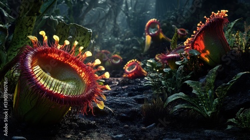 Carnivorous plants in a lush, dark forest, illuminated by a light source