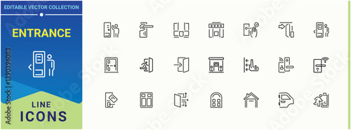 Entrance icon pack. Contains related to log, enter, close, way, exit, way, open and more. Door icon. Minimalist icons pack. Conceptual pictogram and infographic.
