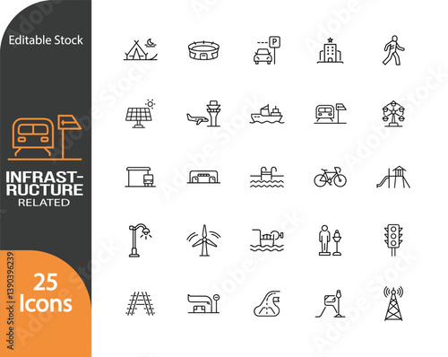 25 Linear Icons Depicting Essential Infrastructure Elements