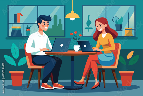 A man and a woman are working on laptops at a cafe table. They are both smiling and seem to be enjoying their work.