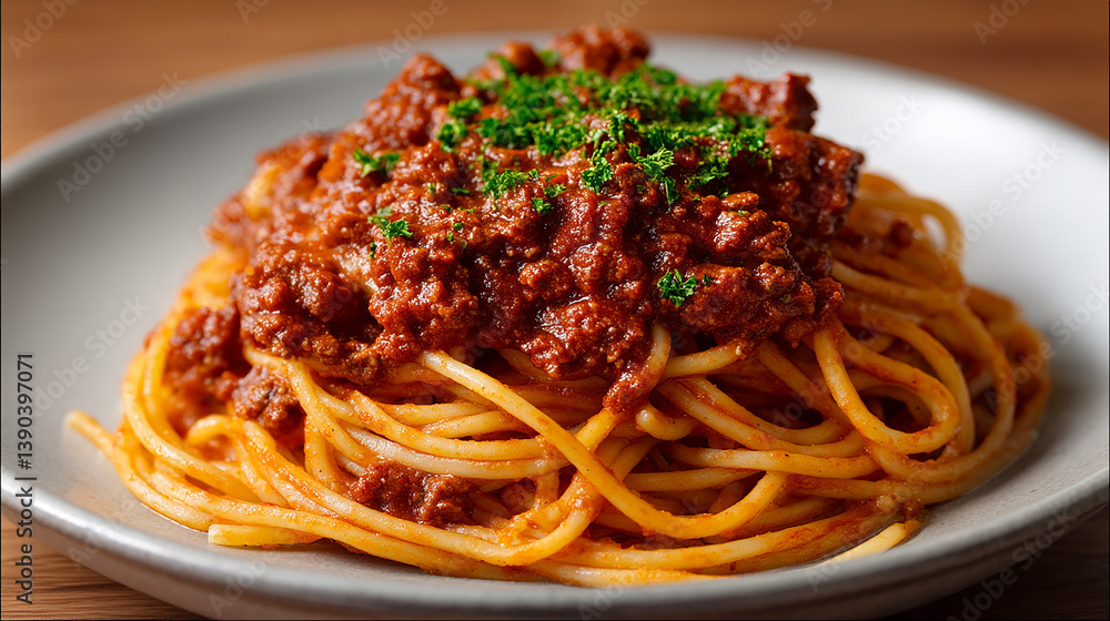 Bolognese pasta with thick meat sauce and parsley topping Bolognese pasta with thick meat sauce and parsley topping