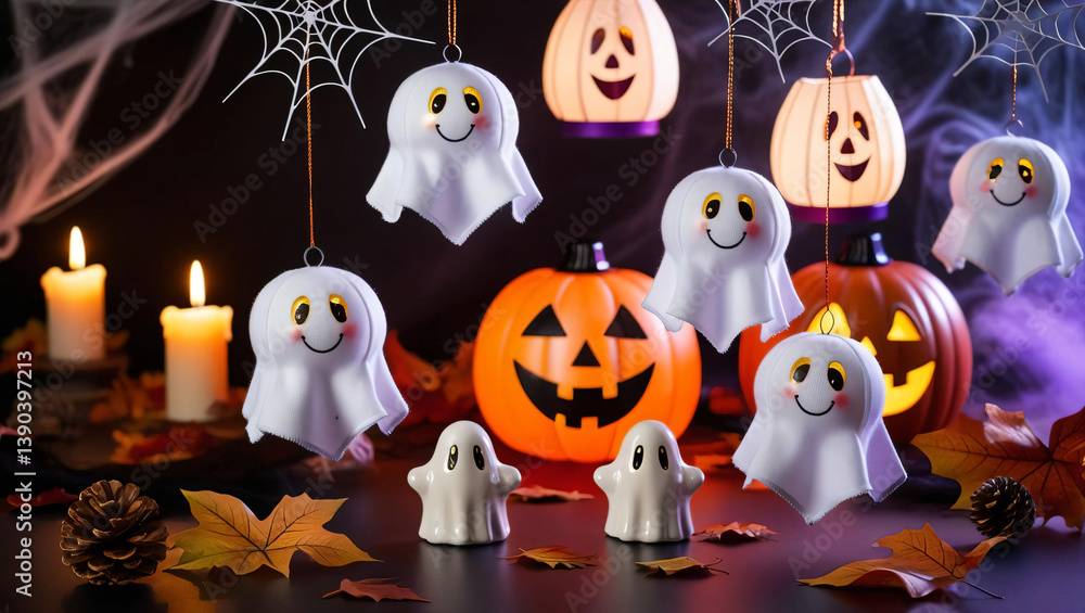 Fototapeta premium Halloween Decorations with Ghosts and Pumpkins