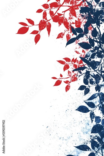 red blue leaves in artistic corner border on white minimal background
