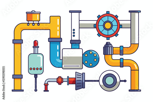 A colorful, cartoon-style illustration depicting a complex industrial piping system with various components like valves, pumps, and a gear-like mechanism.