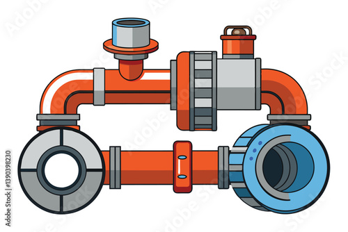 A cartoon illustration of an orange and blue industrial pipe system with a valve, fittings, and two circular components.