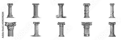 Ancient Greek And Roman Architectural Columns Illustration Set In Vintage Style. Classical Architecture And Design Elements In Hand Drawn Sketch Style. Isolated Vector Illustration