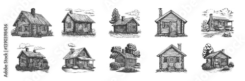 Rustic Log Cabin Illustrations Set In Vintage Style. Traditional Architecture And Countryside Living In Hand Drawn Sketch Style. Isolated Vector Illustration