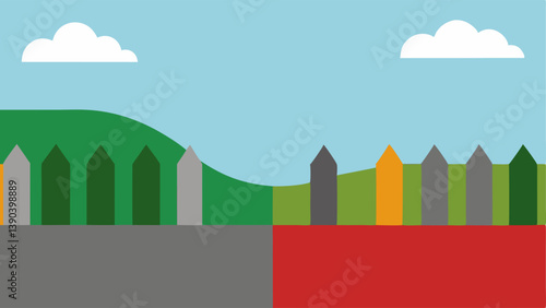 Distant Borders A depiction of a border fence with a clear divide between two landscapesone colorful and diverse the other gray and monotonous representing an increasing barrier.