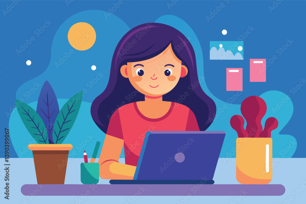 A woman sits at a desk with a laptop, surrounded by plants. She is smiling and appears to be focused on her work. A woman sits at a desk with a laptop, surrounded by plants. She is smiling and appears to be focused on her work.