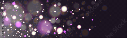 Abstract magical glowing bokeh lights on dark background with purple and gold sparkles, soft blurry fantasy effect, elegant festive backdrop.
