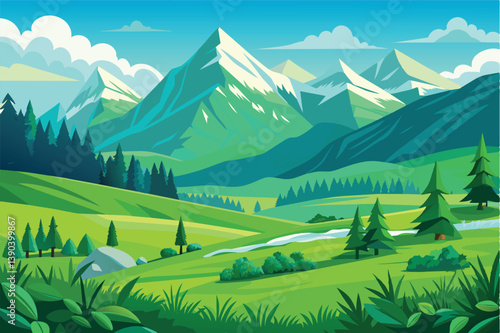 A digital illustration of a green valley with snow-capped mountains in the background. The sky is blue and there are white clouds. A small stream flows through the valley.