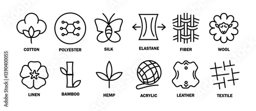 fabric icon set. clothing product materials symbol set. cotton, polyester, silk, elastane, fiber, wool, linen, bamboo, hemp, acrylic, leather, textile png and vector on transparent background