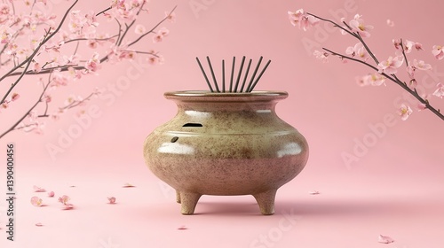 An aesthetic composition featuring a ceramic incense holder and blossoms
