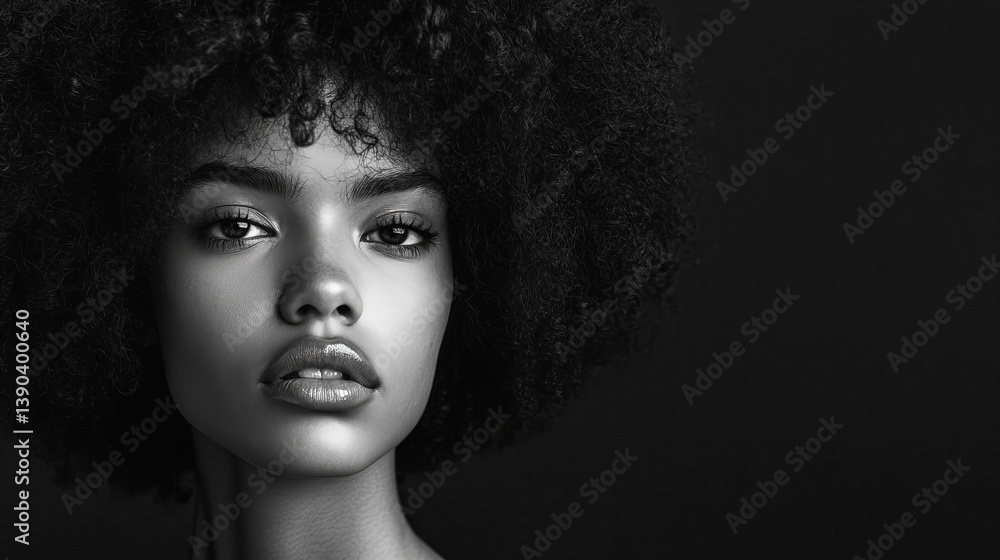 Glamorous Monochrome Portrait of a Beautiful African American Woman with Natural Afro Hairstyle, Elegant Makeup, and Shimmering Skin in Dramatic Studio Lighting
Glamorous Monochrome Portrait of a Beautiful African American Woman with Natural Afro Hairstyle, Elegant Makeup, and Shimmering Skin in Dramatic Studio Lighting