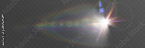Glowing light effects with transparency, lens flare, radiant beams, starbursts, and luminous sparkles for overlays and design.
