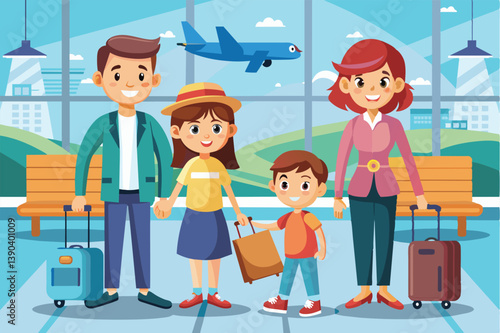 A cartoon illustration of a happy family of four standing in an airport terminal, holding their luggage, ready for a vacation.