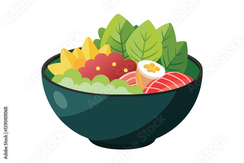 A vibrant poke bowl filled with fresh ingredients, including salmon, avocado, spinach, and other toppings.