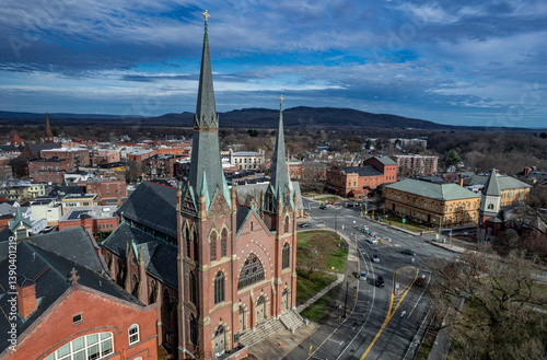 Aerial view of Northampton, Massachusetts in early spring 