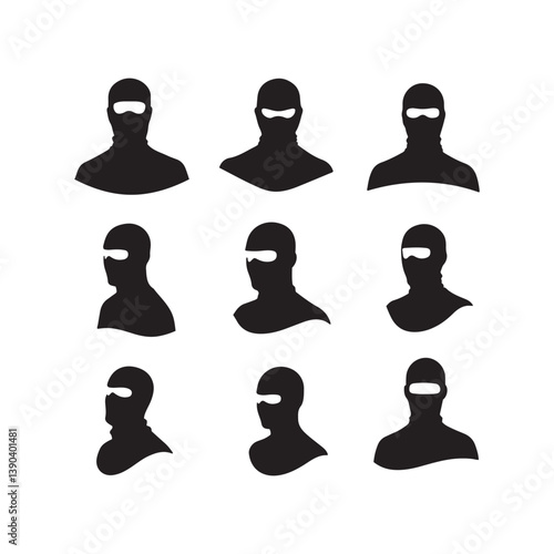 masked figures, silhouettes, black and white, minimalist design 