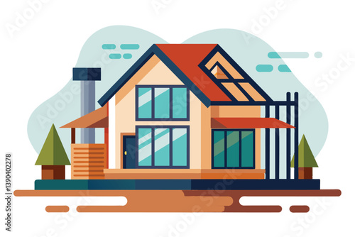 Illustration of a modern, two-story house with a red roof, large windows, and a wooden porch. The house is situated in a rural setting with trees and a blue sky.