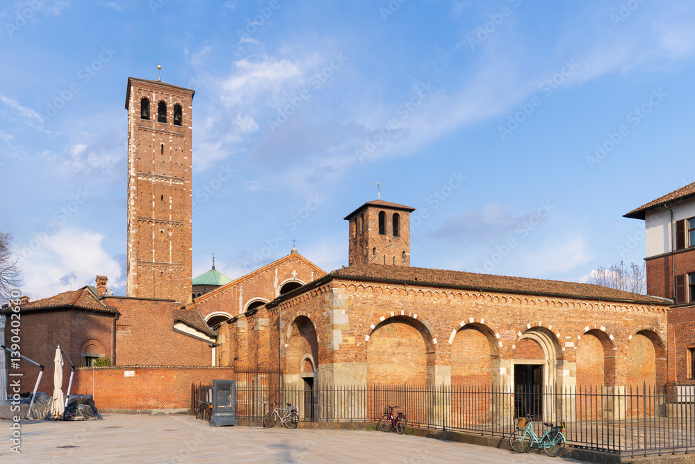 Amazing view of abbey of Saint Ambrose (Basilica di Sant'Ambrogio) exterior at sunny day, Milan, Lombardy, Italy