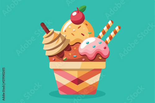 A cartoon image of a colorful ice cream sundae in a striped cup with a cherry on top and sprinkles, perfect for a summer dessert.