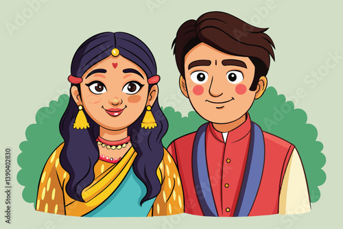 Cartoon illustration of a young Indian couple in traditional clothing. Woman in yellow and blue sari with long dark hair, man in red kurta and blue scarf.