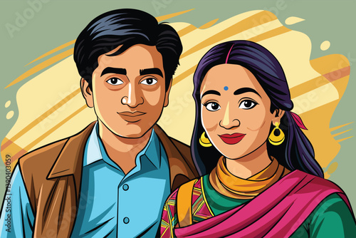 A digitally illustrated portrait of a young Indian couple. The man is wearing a brown jacket over a blue shirt and the woman is wearing a green, pink, and gold sari.
