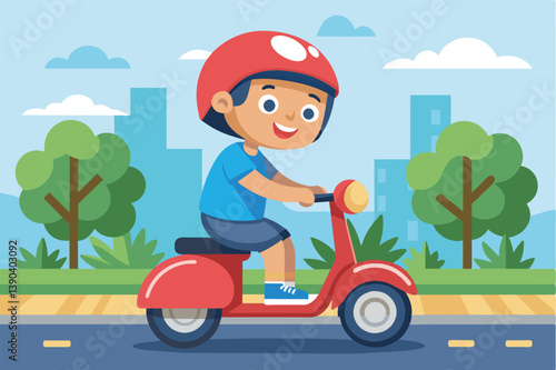 A cartoon illustration of a boy wearing a red helmet happily riding a red scooter on a city street.