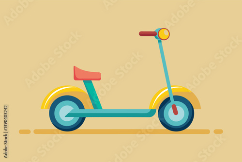 A cartoon illustration of a yellow and blue scooter on a tan background. The scooter has red handlebars and a red seat.
