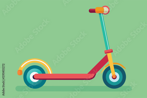 A flat design illustration of a push scooter on a green background. The scooter is red, yellow, and blue with white accents.