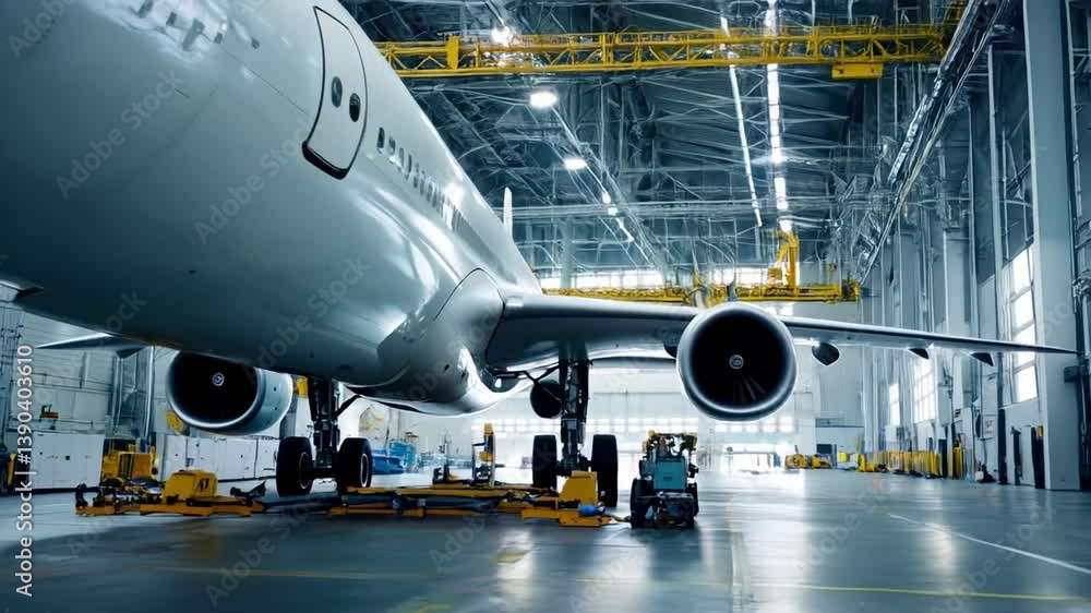 Aircraft maintenance: Jet fuselage on jacks in hangar, industrial setting with overhead crane. Aircraft maintenance: Jet fuselage on jacks in hangar, industrial setting with overhead crane.