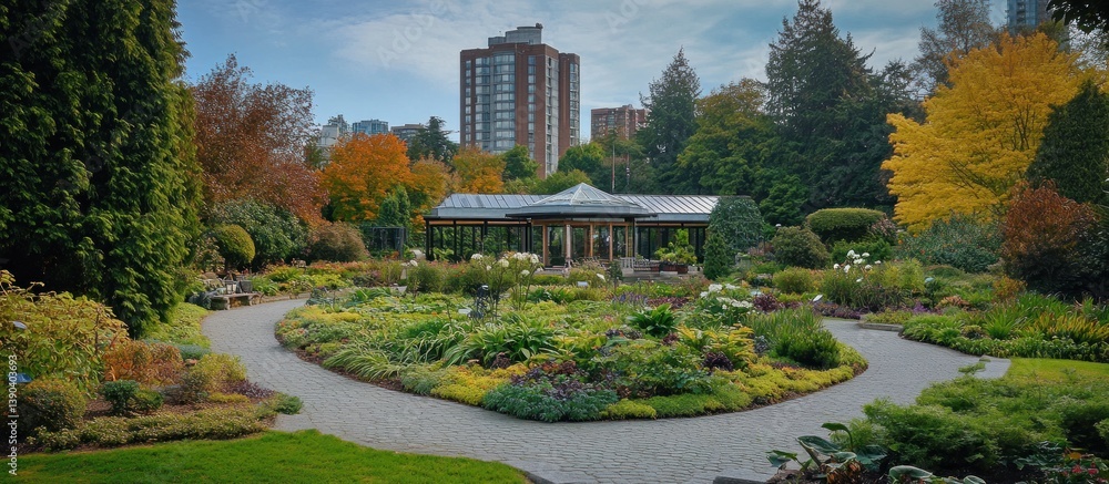Obraz premium Serene autumn garden with pavilion, winding paths, and city backdrop
