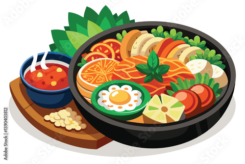 A colorful illustration of a traditional Asian dish featuring steamed fish, vegetables, and a fried egg. Served with a side of chili sauce.