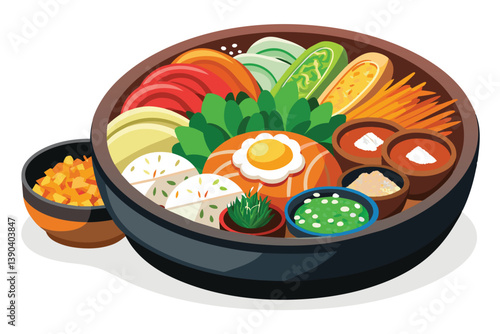 A vibrant and delicious Korean Bibimbap meal, featuring a variety of colorful ingredients including vegetables, meat, and a fried egg, served in a traditional bowl with dipping sauces.