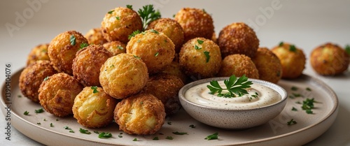 Golden crispy fried potato balls served with dipping sauce and garnish