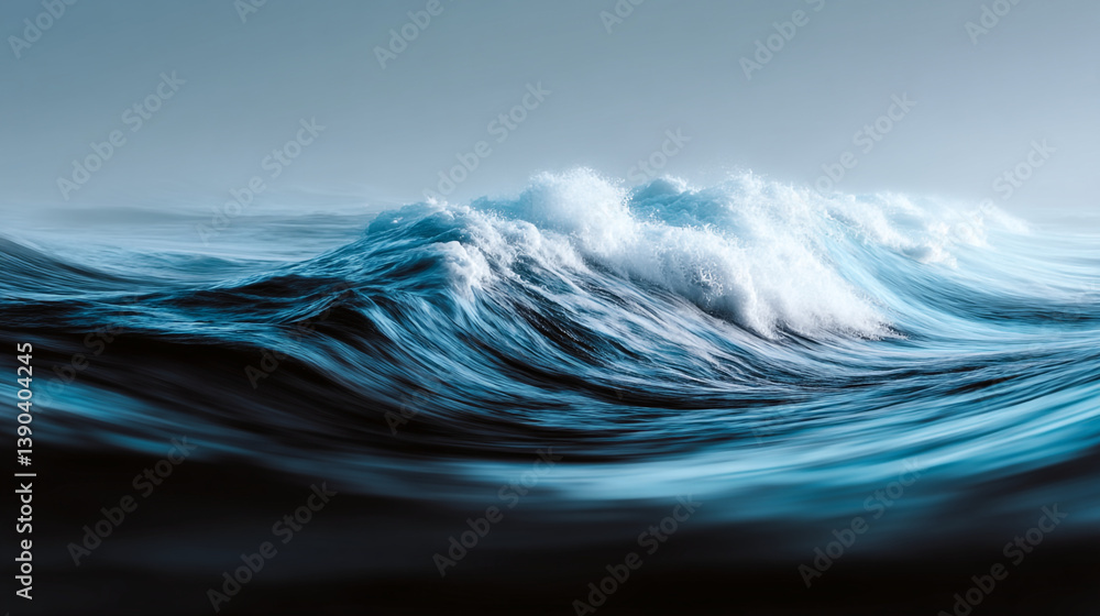 Fototapeta premium A captivating view of a large ocean wave cresting under a serene and slightly overcast sky above the water