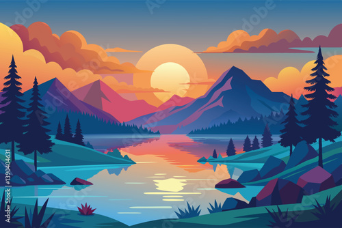 A colorful sunset over a mountain lake with reflections on the water.